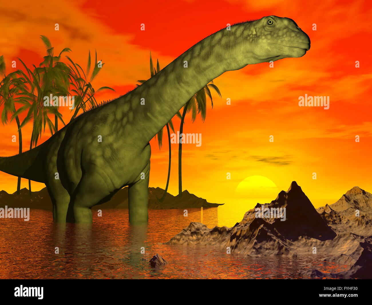 Par dinosaure Argentinosaurus coucher du soleil - 3D render Banque D'Images