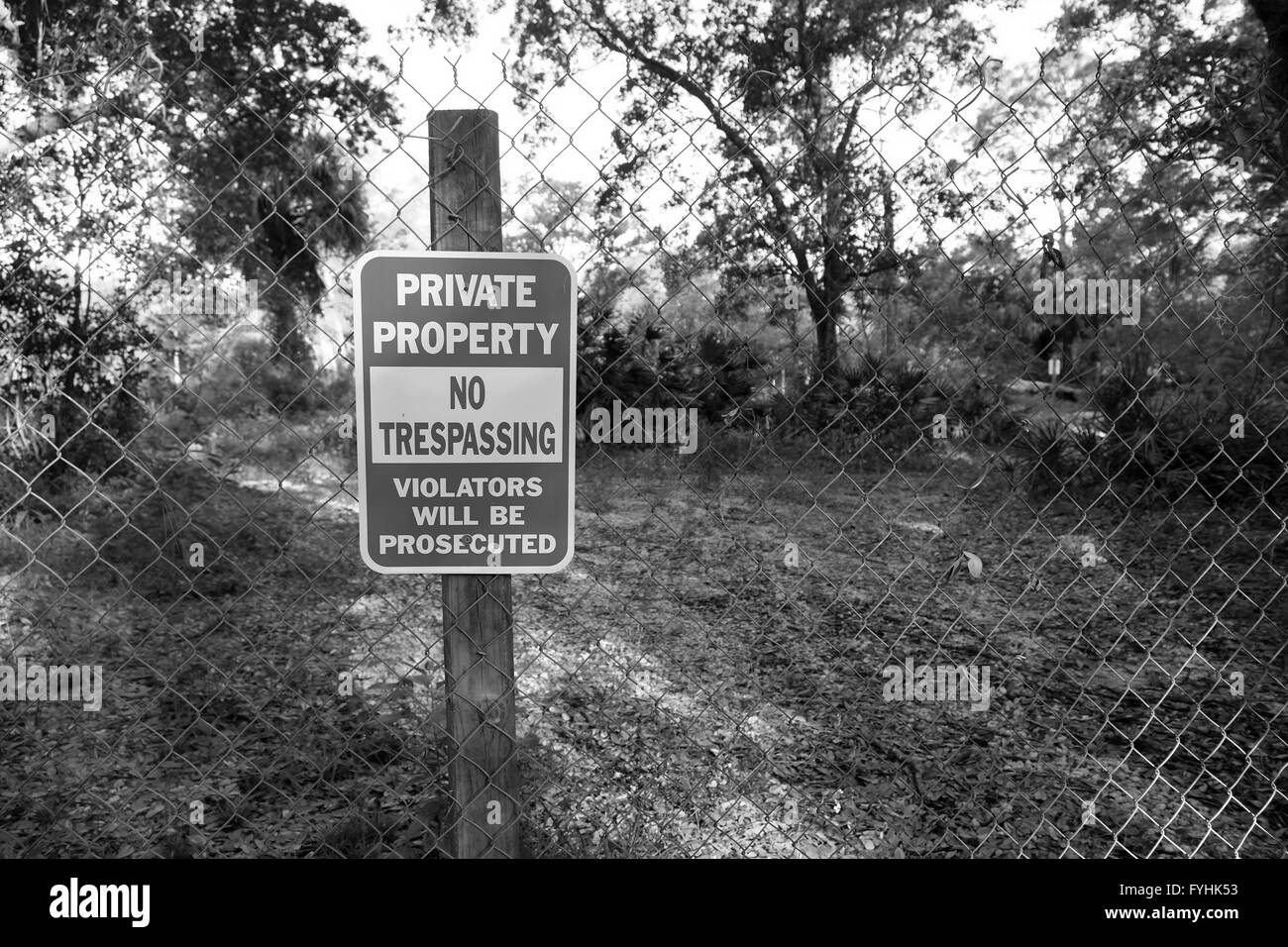 La propriété privée, entrée interdite, les contrevenants seront poursuivis signe sur un lot vide près de Davenport, Floride, Avril 2016 Banque D'Images