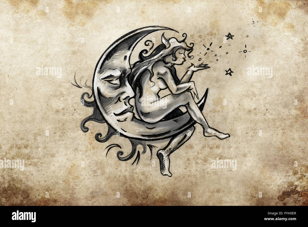 Fairy assis sur la lune, des tatouages, des croquis sur papier vintage design Banque D'Images
