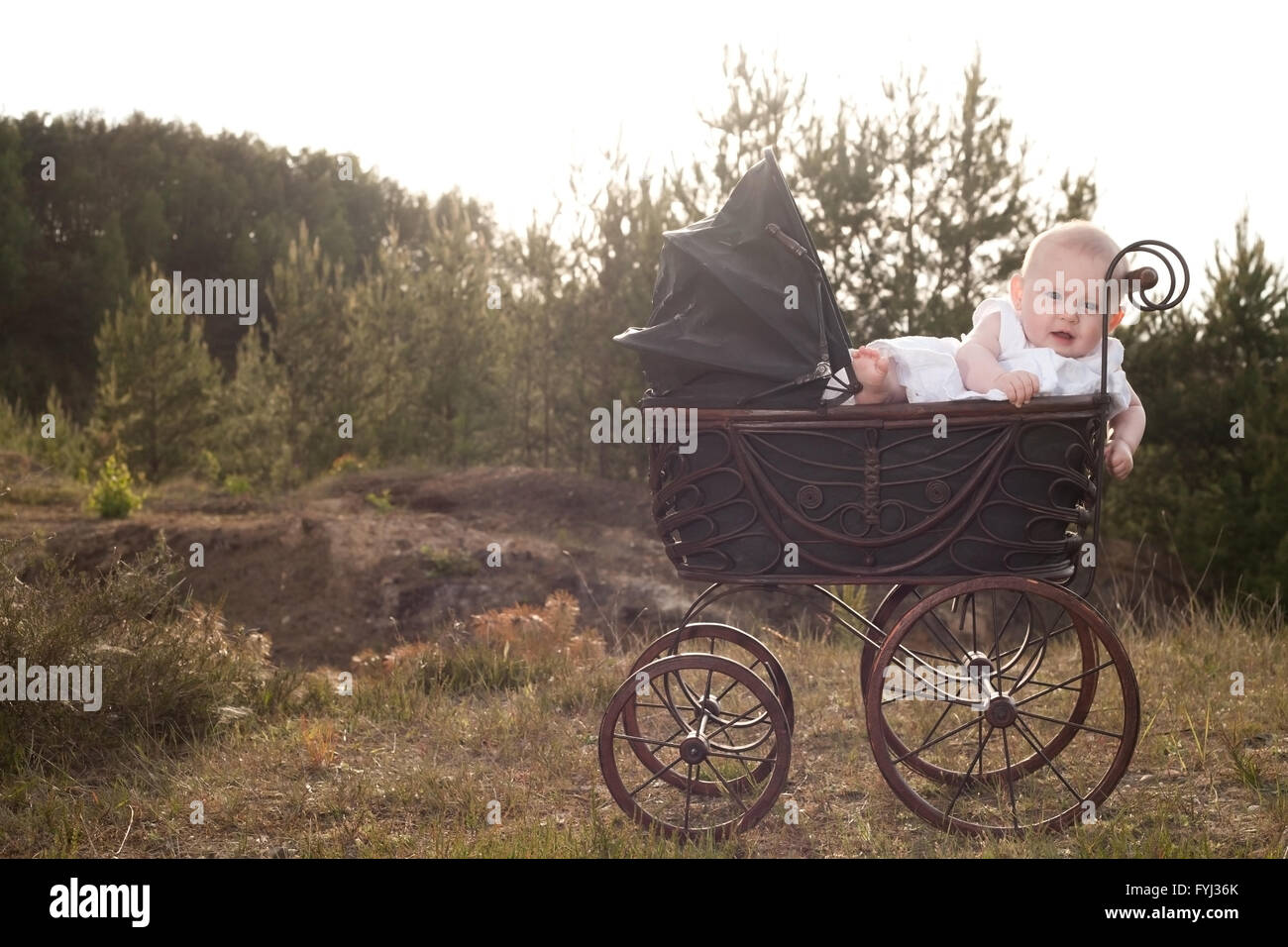 Bébé dans la pram avec coucher du soleil Banque D'Images