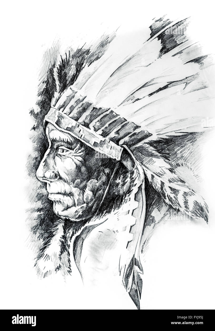 Croquis de l'art du tatouage, Native American Indian Head, chef, isolé Banque D'Images