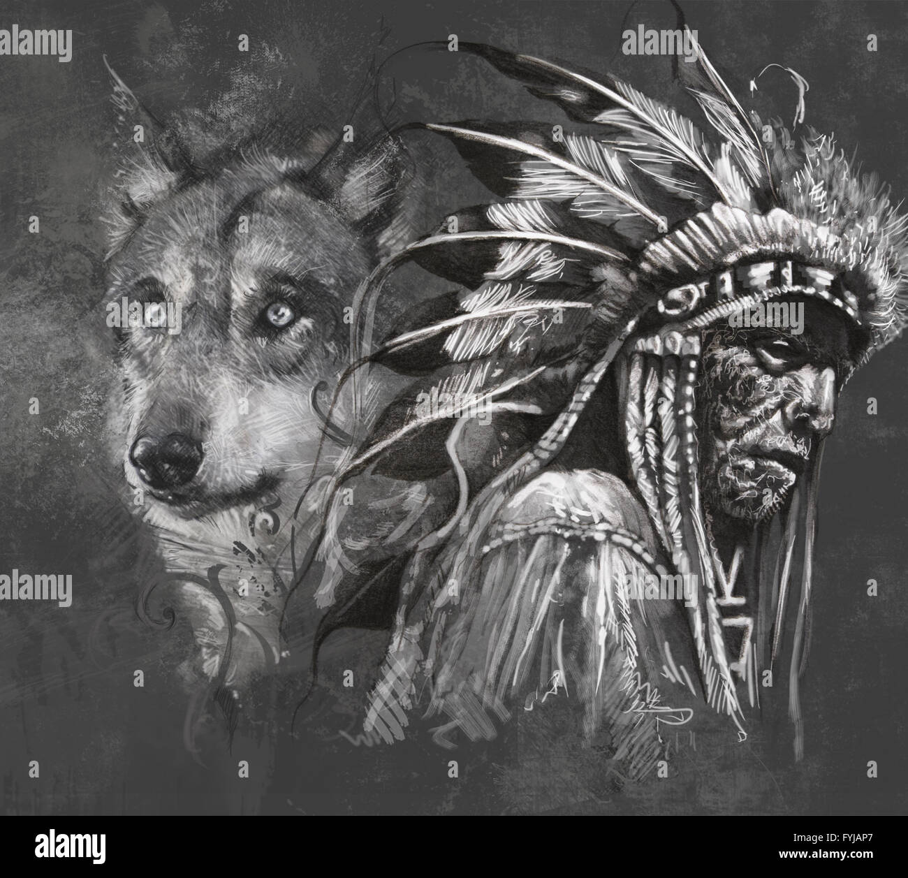 Le loup et l'American Indian Chief. Conception de tatouage sur fond gris. toile texturée. L'image artistique Banque D'Images