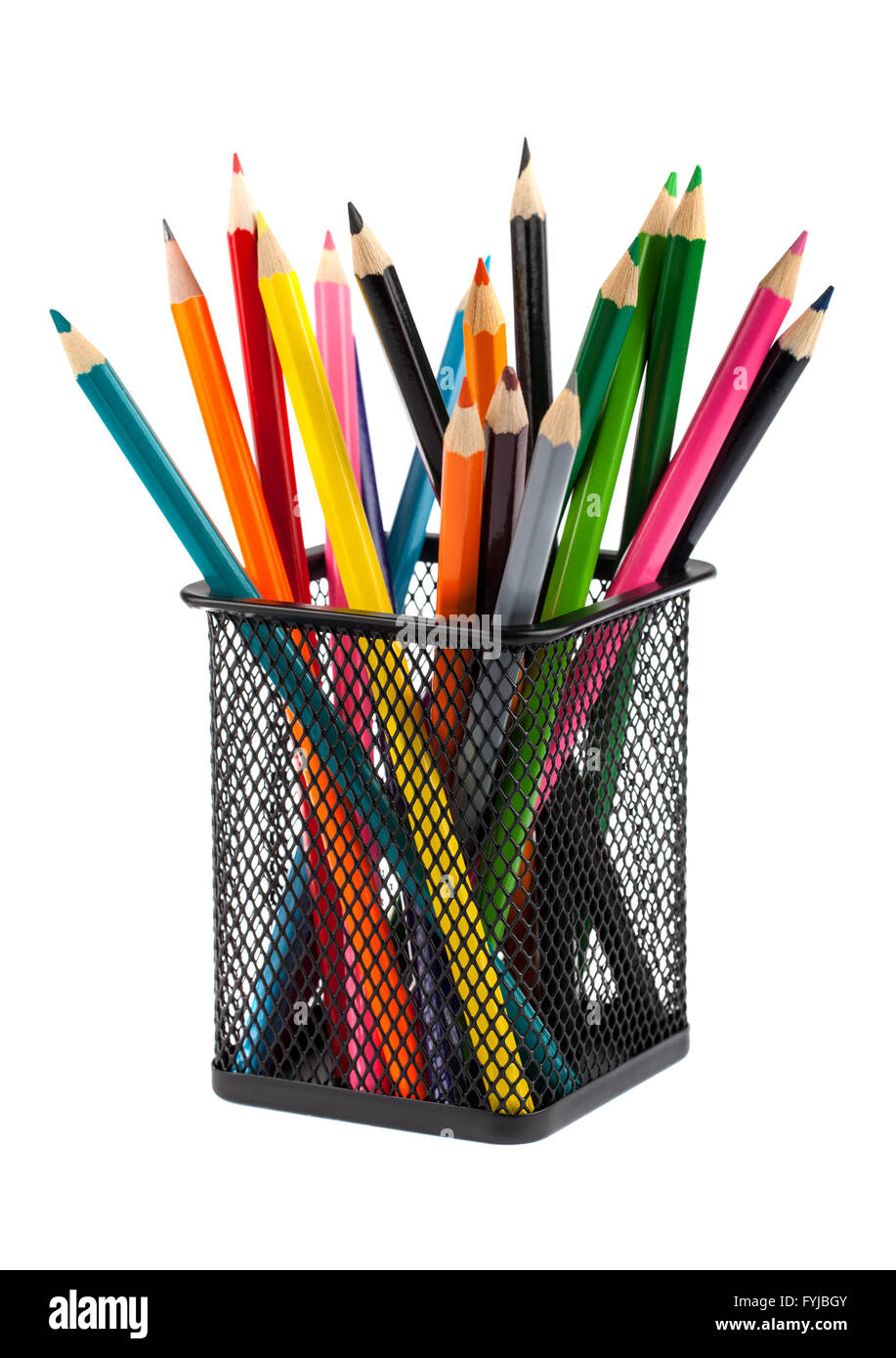 Crayons de couleur en noir contenant de métal Banque D'Images