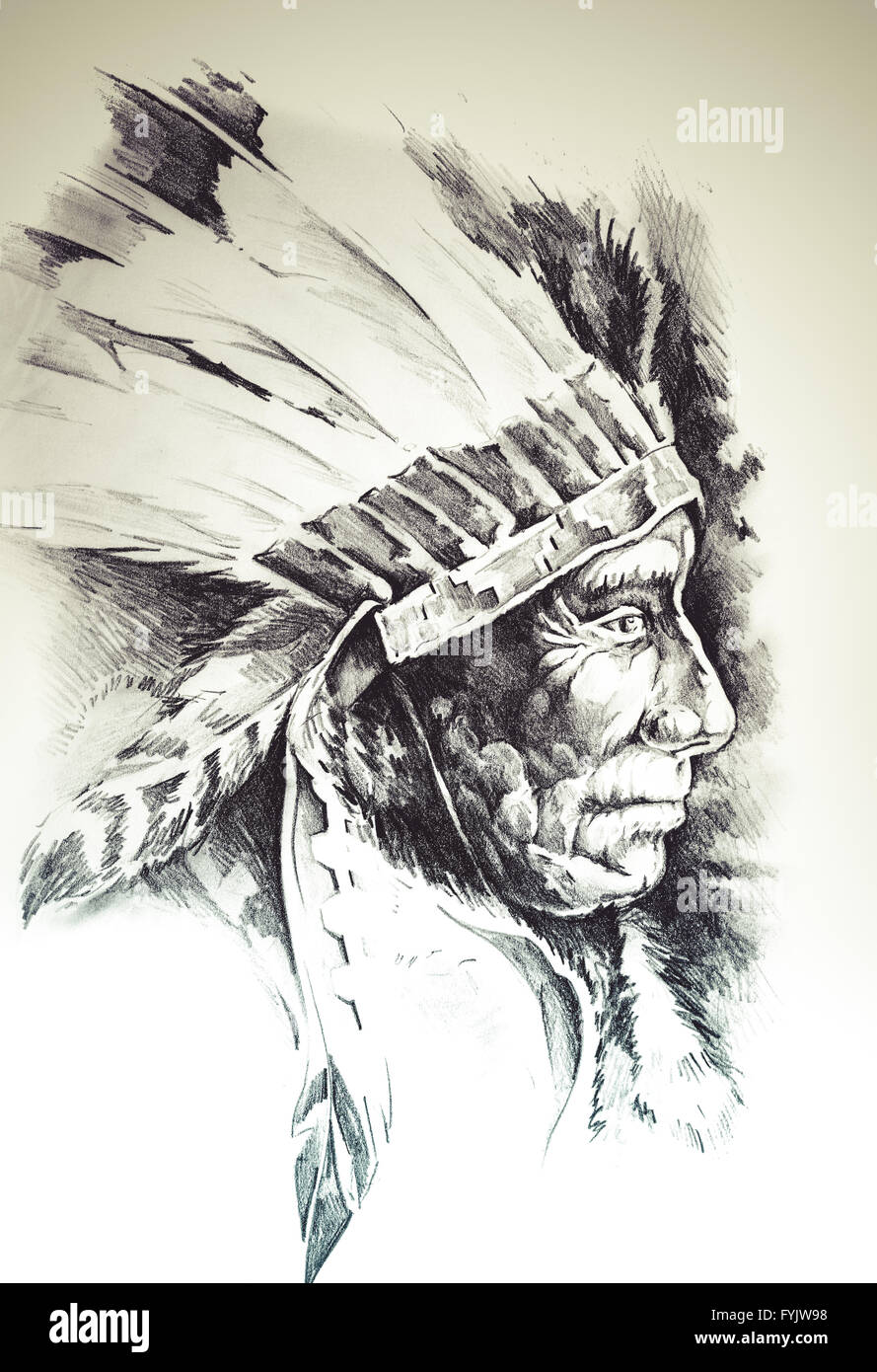Croquis de l'art du tatouage, Native American Indian Head, chef, isolé Banque D'Images