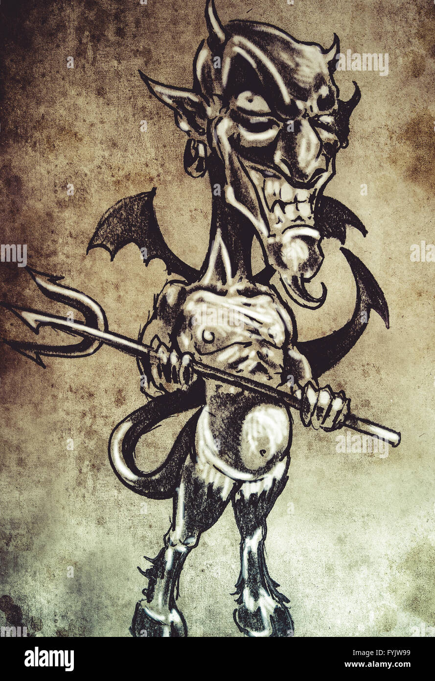 Fun devil, cartoon, dessin de tatouage sur papier fait main vintage design Banque D'Images