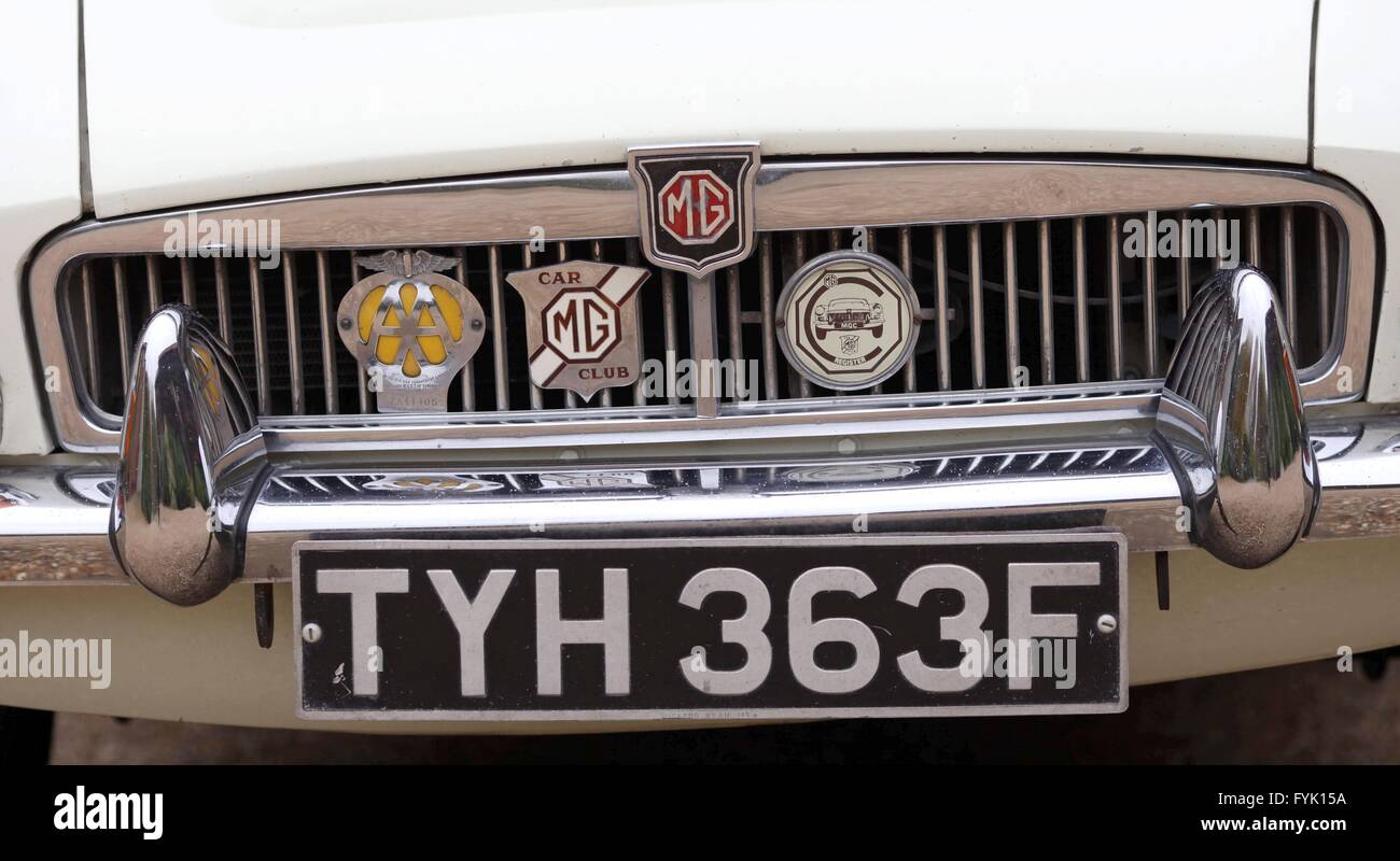 Calandre avant, et la plaque constructeur sur un badges vintage MG Voiture de sport. Banque D'Images
