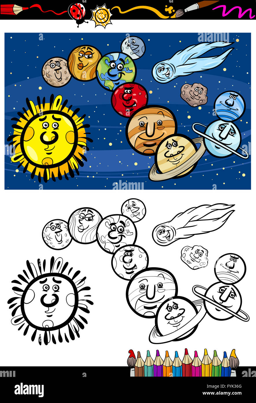Système solaire à colorier dessin animé Banque D'Images