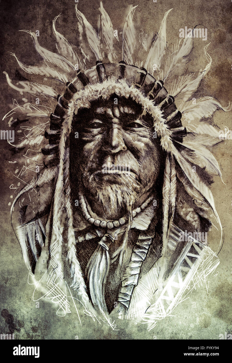 Croquis de l'art du tatouage, Native American Indian Head, chef, style vintage Banque D'Images