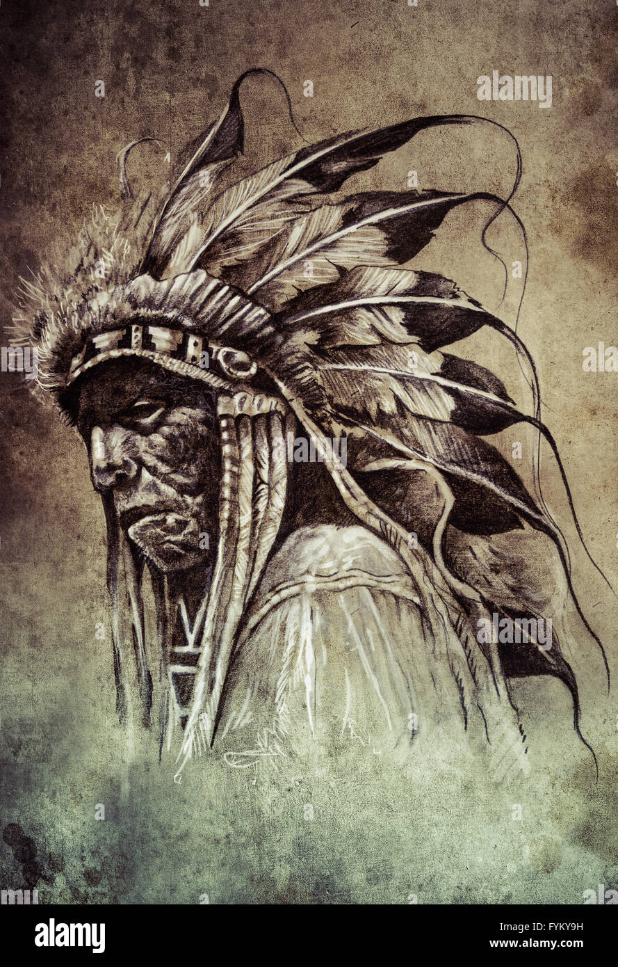 Croquis de l'art du tatouage, Native American Indian Head, chef, style vintage Banque D'Images