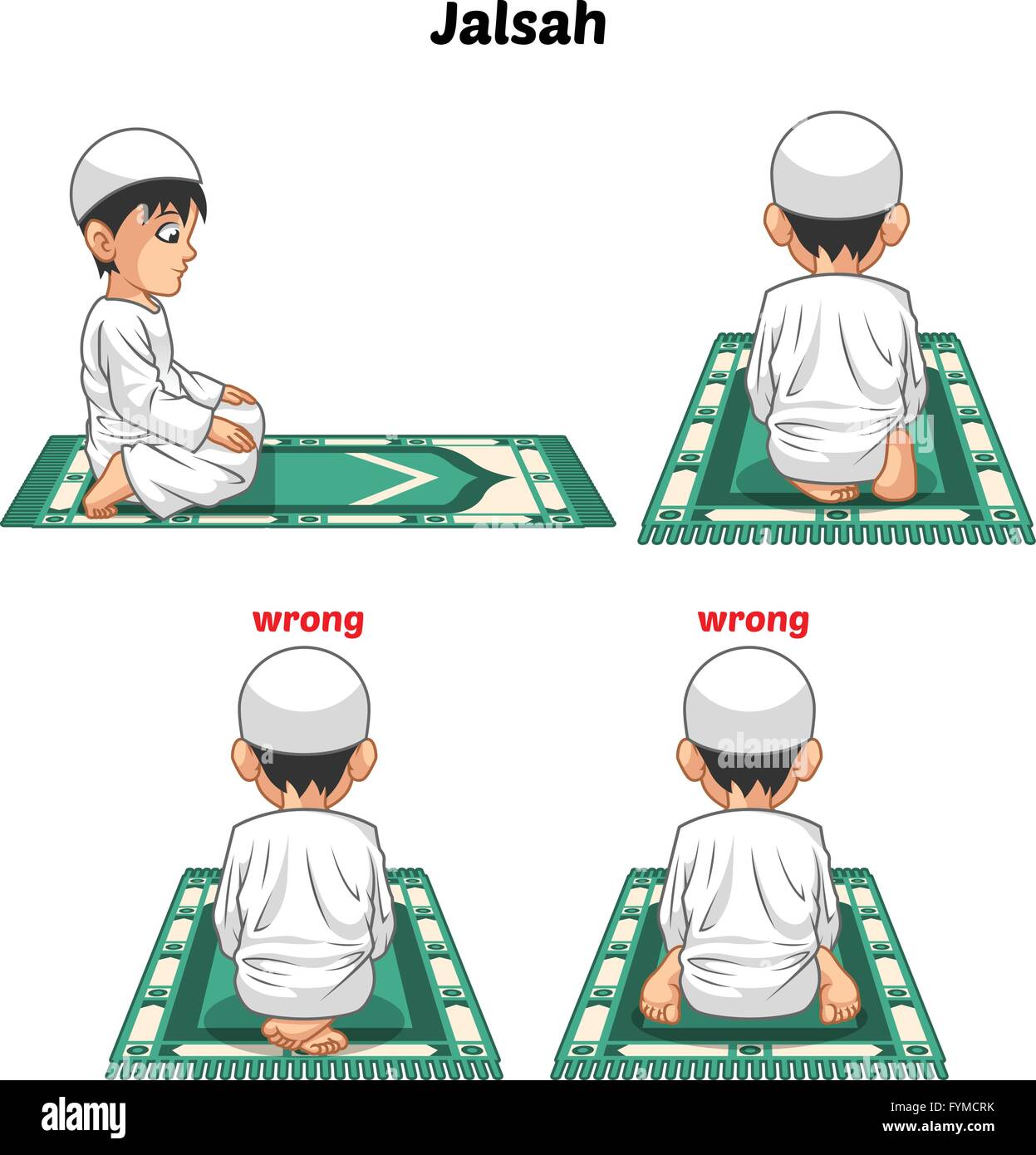 Position de la prière musulmane Guide Step by Step effectuer par garçon assis entre les deux en se prosternant et position des pieds avec de mauvais Illustration de Vecteur