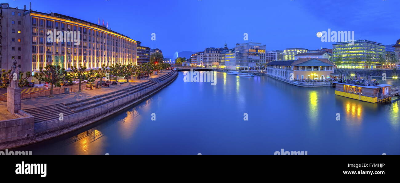 Vue urbaine avec célèbre fontaine et Rhône, Genève, Suisse, HDR Banque D'Images