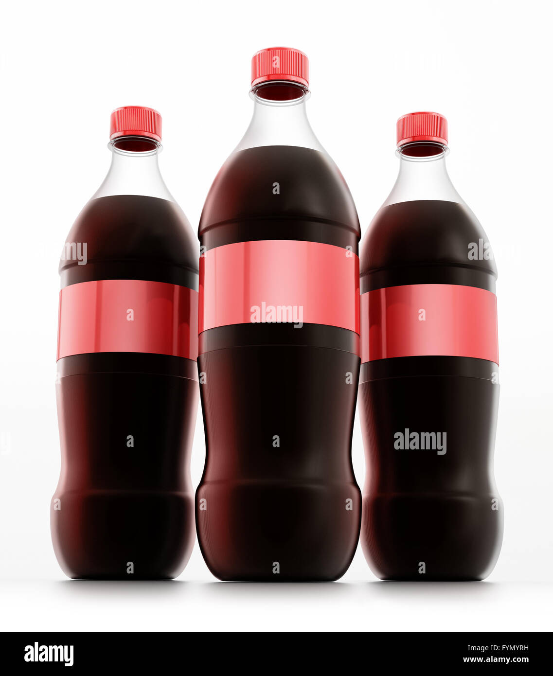 Bouteilles de boissons gazeuses avec étiquette rouge isolé sur fond ...