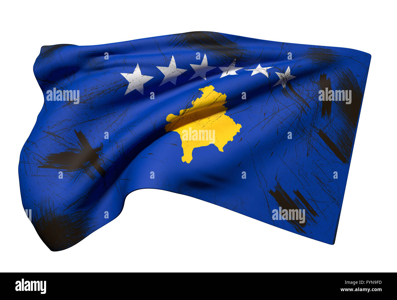 Le rendu 3D d'un close-up d'une sale de brandir le drapeau du Kosovo Banque D'Images