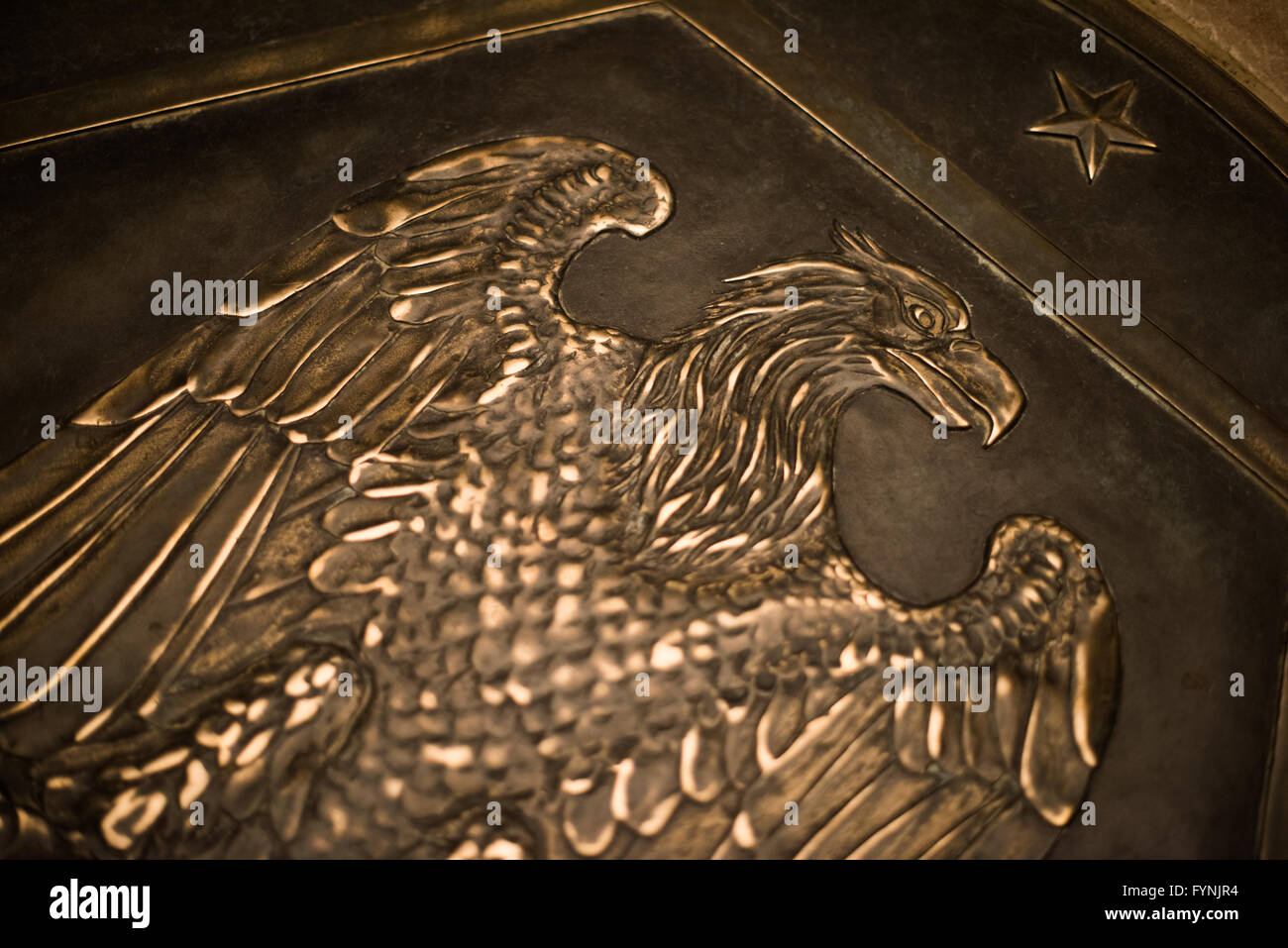 Monument commémoratif de la guerre du district de Columbia détail d'aigle Washington DC // WASHINGTON DC — détail d'un motif d'aigle dans un carrelage métallique au monument commémoratif de la guerre du district de Columbia sur le National Mall. Cet élément décoratif représente l'un des détails architecturaux du mémorial incorporé dans sa construction de 1931. Le dessin de l'aigle reflète le rôle du mémorial dans la commémoration du service militaire. Banque D'Images