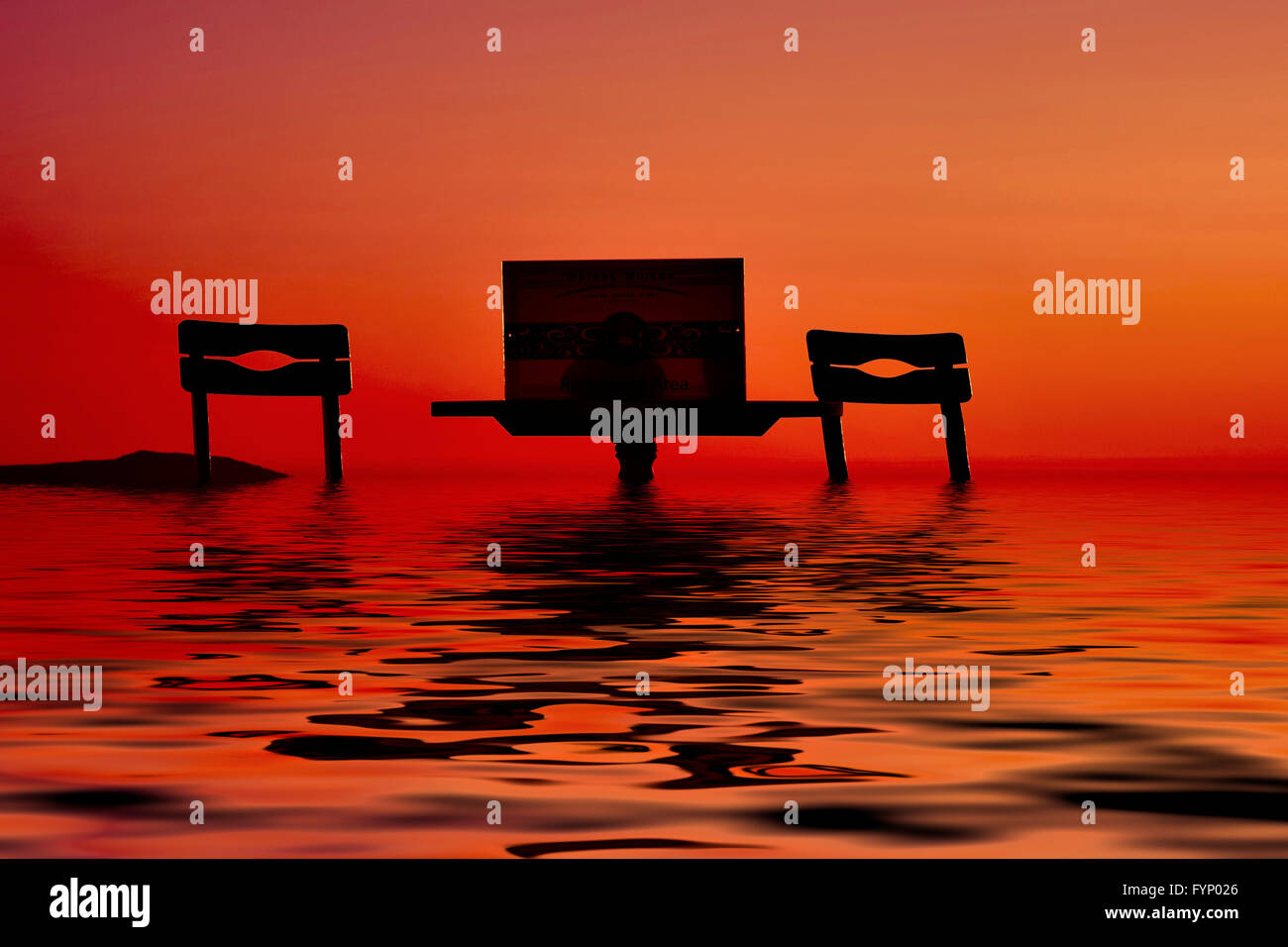 Une table vide et chaises bain de soleil d'un rouge profond sur l'île de Santorin Grèce retouchées numériquement dans un bassin d'eau Banque D'Images