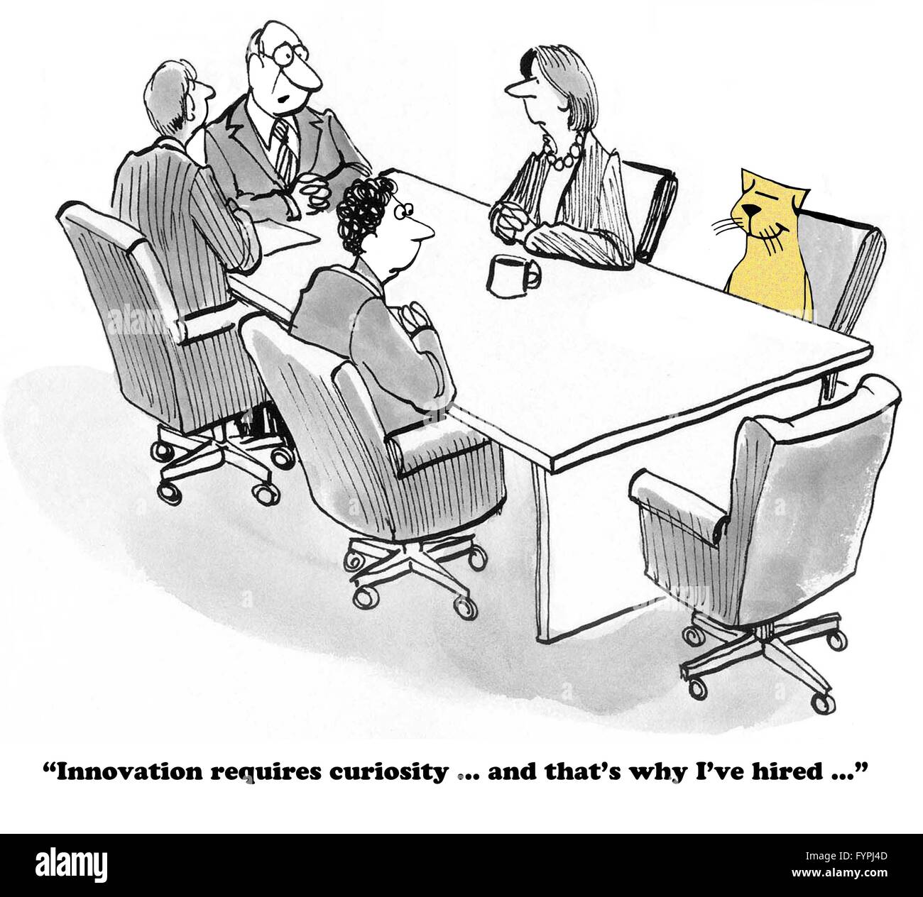 Caricature d'affaires à propos de la curiosité et de l'innovation. Banque D'Images