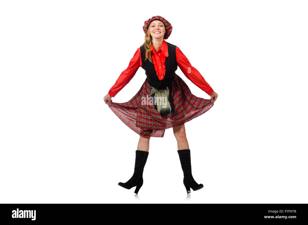 La femme drôle en vêtements écossais on white Banque D'Images
