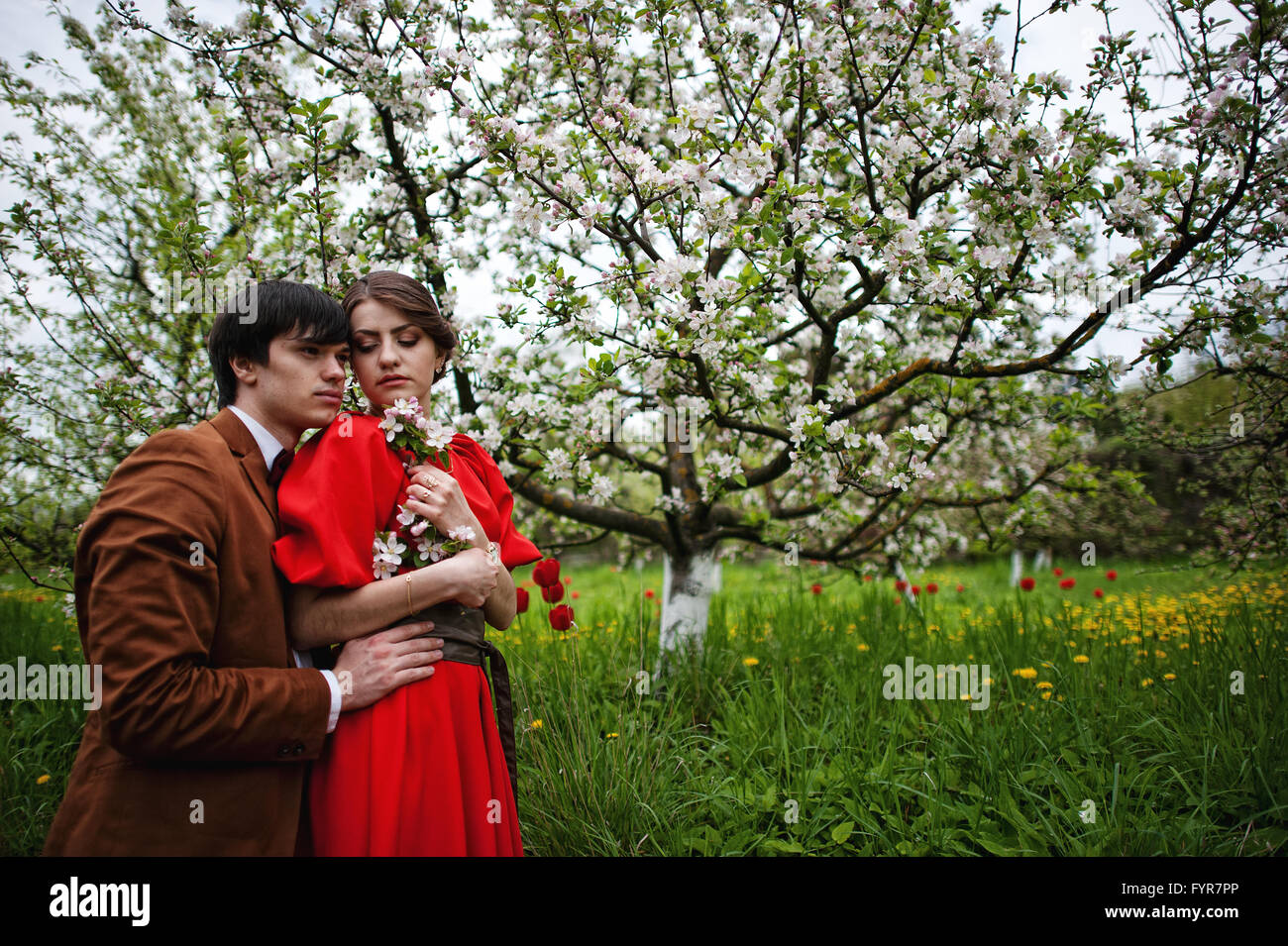 Jeune beau couple dans le jardin Banque D'Images