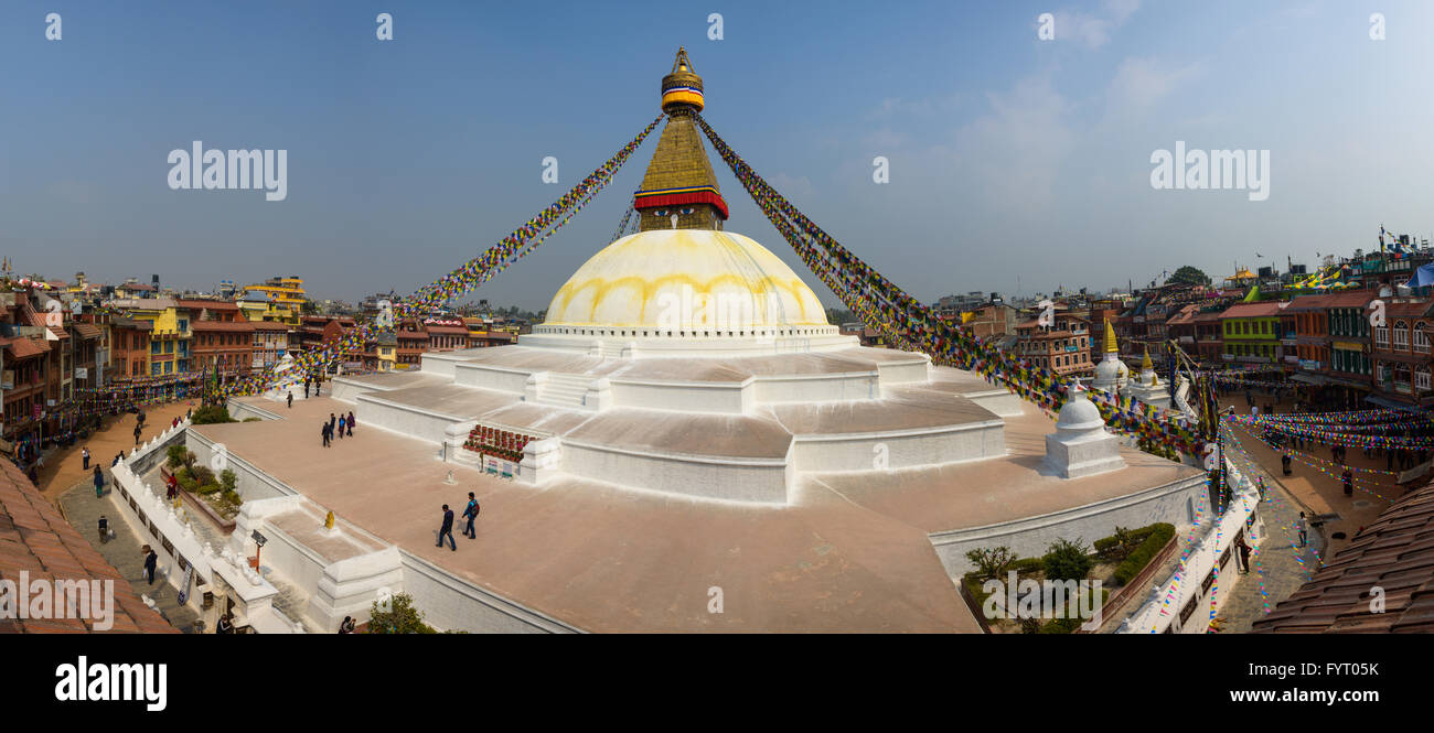 Stupa Boudhanath vue panoramique à Katmandou, Népal Banque D'Images