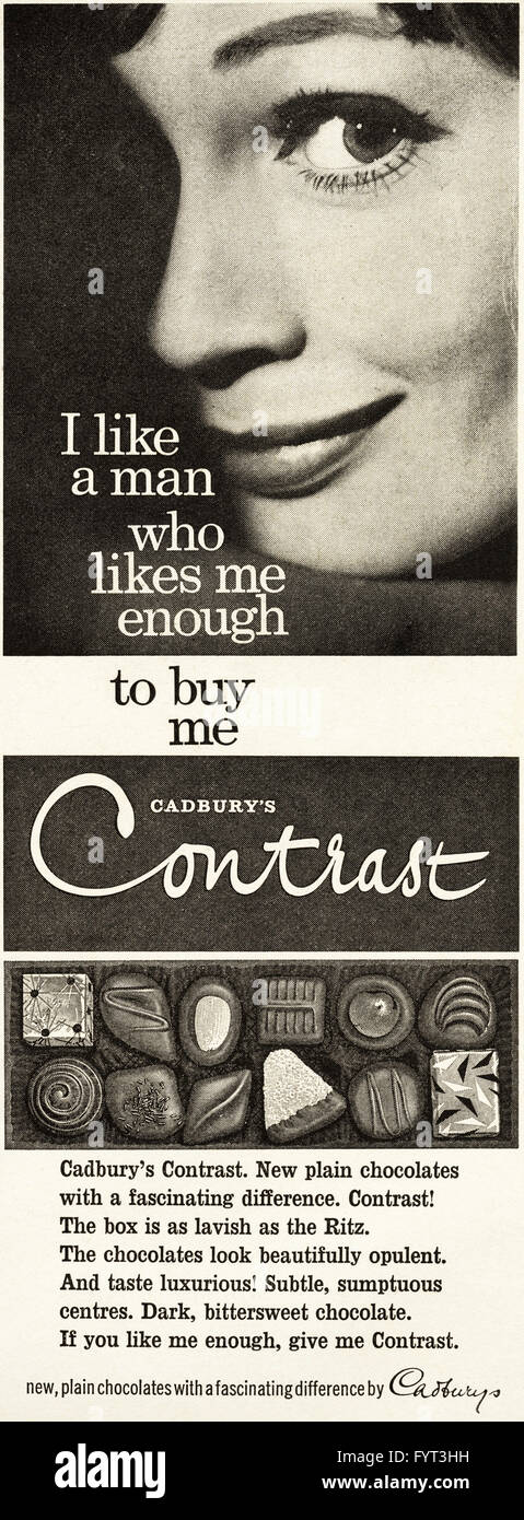 Old vintage original 1960 Annonce magazine daté 1962. Publicité Publicité Cadbury's chocolats contraste Banque D'Images
