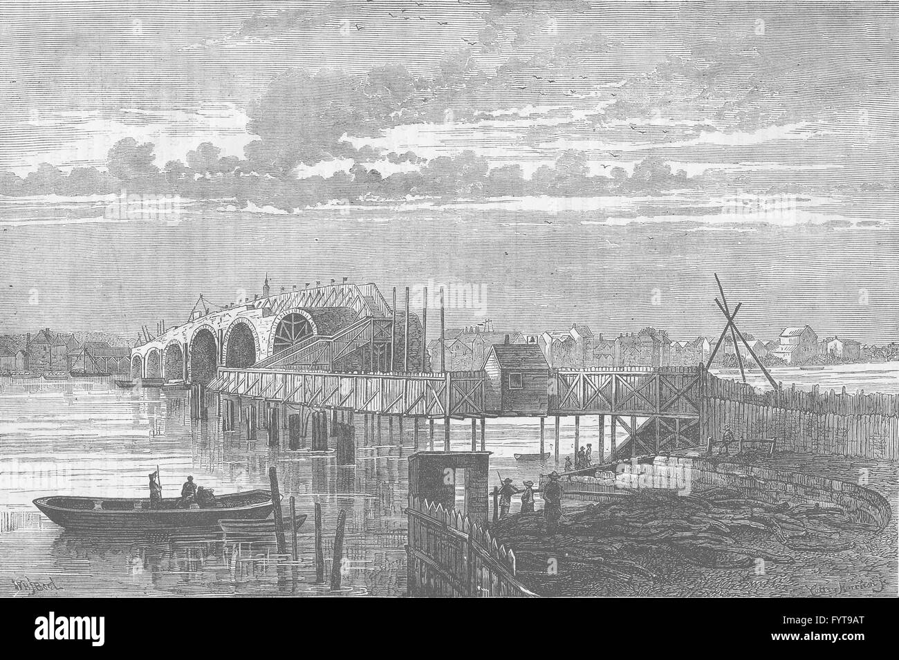 BLACKFRIARS : Vieux pont lors de la construction. Pont pied temporaire, 1775, c1880 Banque D'Images