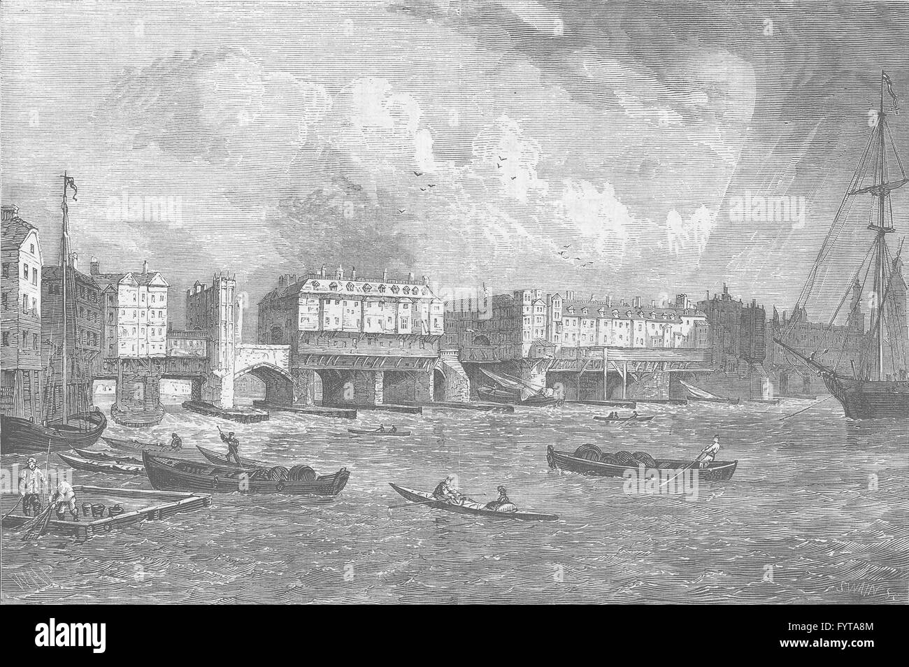 Ville de Londres : le Pont de Londres en 1756, antique print c1880 Banque D'Images