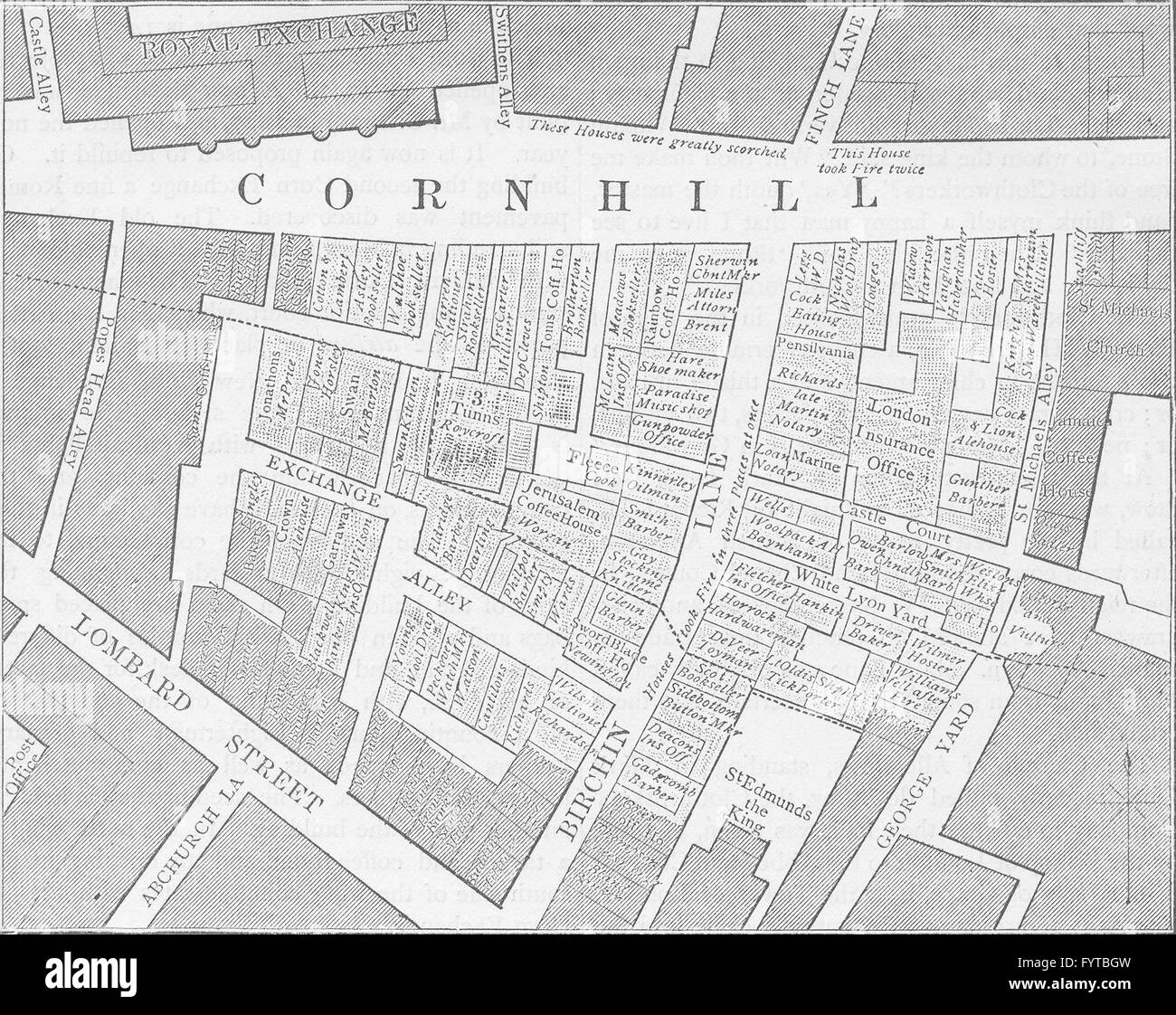 CORNHILL : plan montrant l'étendue de l'incendie de 1748. Londres, c1880 la carte Banque D'Images