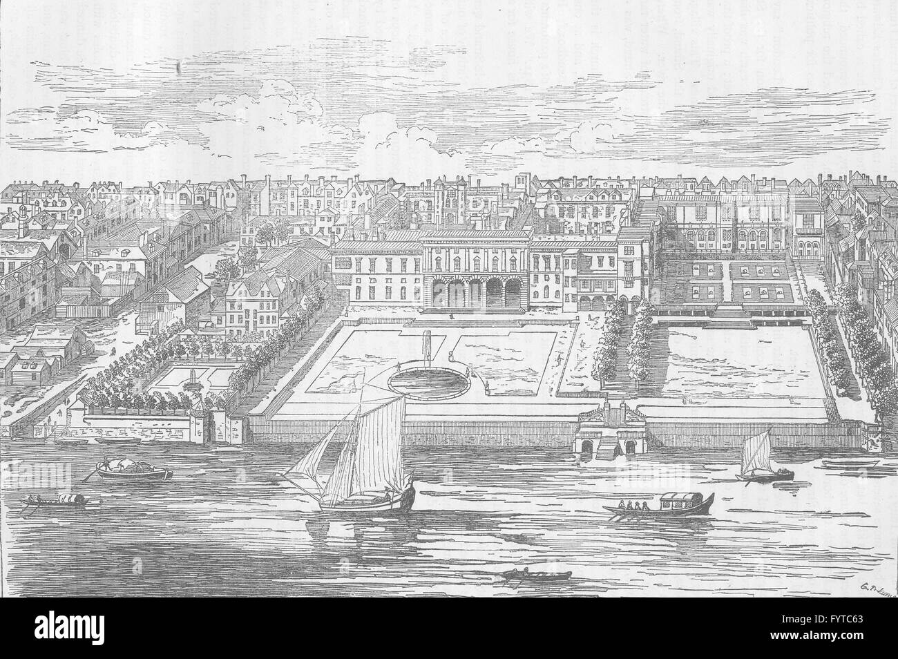 ST. MARY-LE-STRAND : Somerset House en 1755. Londres, antique print c1880 Banque D'Images