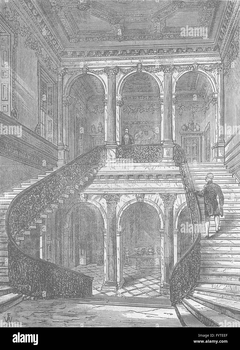 MAYFAIR : Le grand escalier, Chesterfield House. Londres, antique print c1880 Banque D'Images
