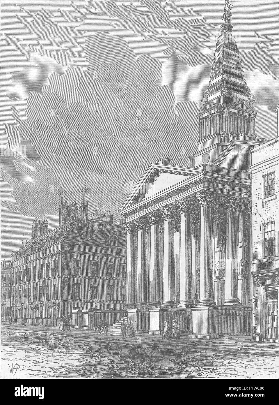 HAWKSMOOR ÉGLISES : St George's Church, Bloomsbury. Londres, vieux print c1880 Banque D'Images