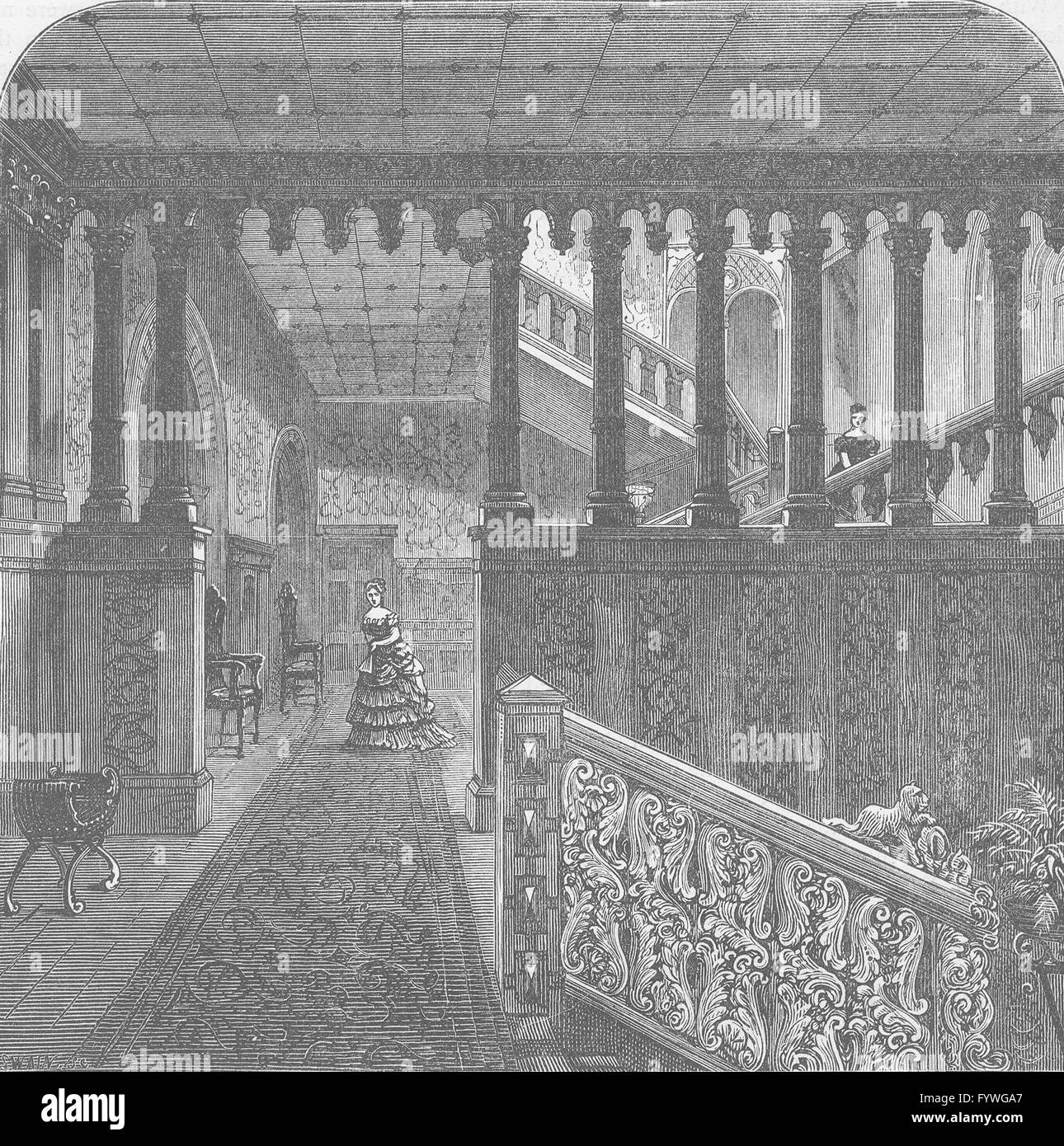 HOLLAND PARK : Grand escalier, Holland House. Londres, antique print c1880 Banque D'Images