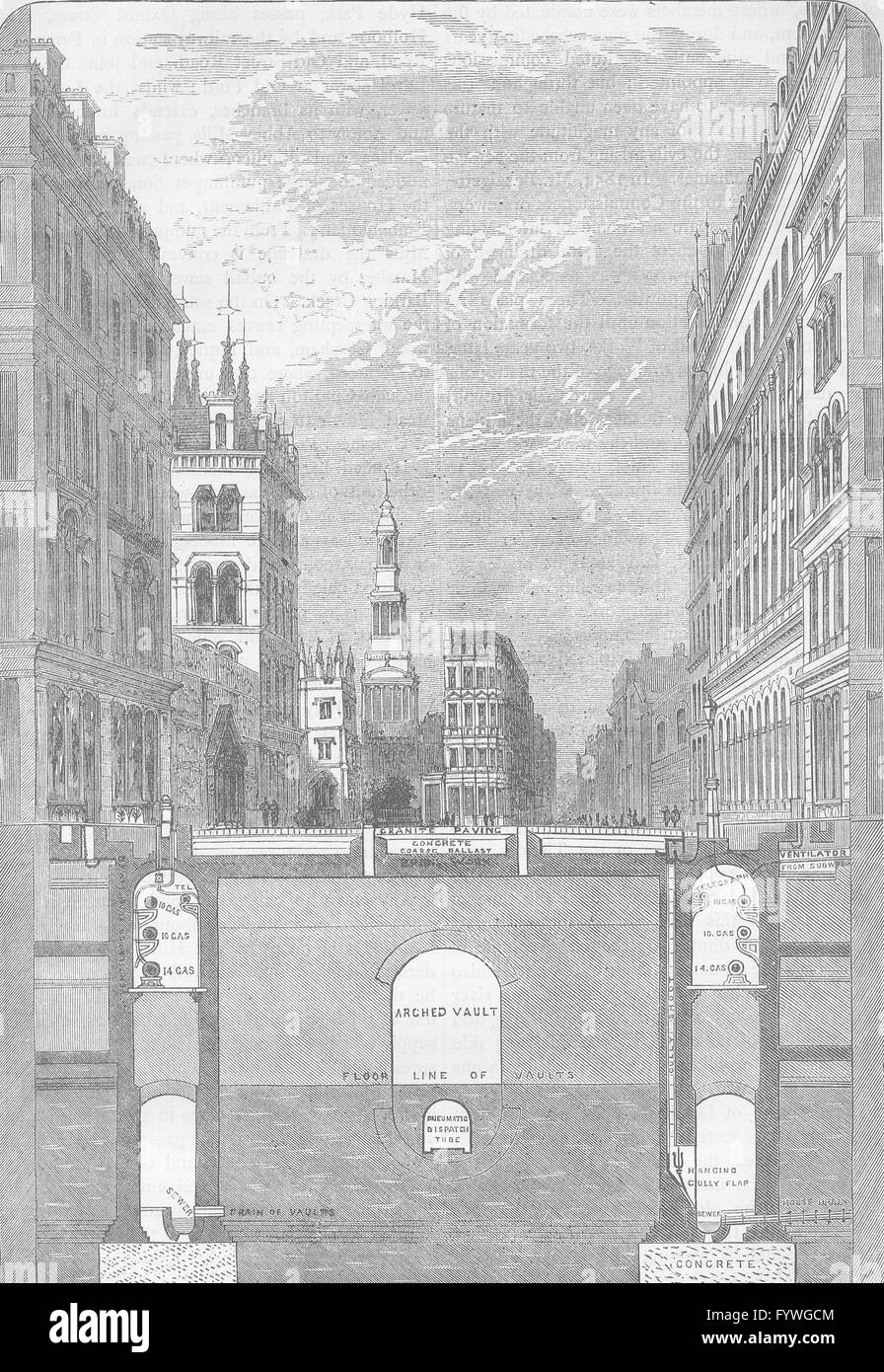 Londres : section HOLBORN VIADUCT, montrant le métro (Haywood rapport), print c1880 Banque D'Images