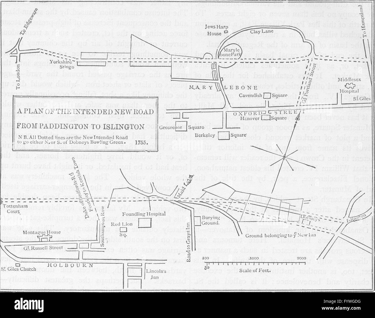 MARYLEBONE/euston road Nouveau plan routier.Islington à Edgware Road (1755), c1880 la carte Banque D'Images