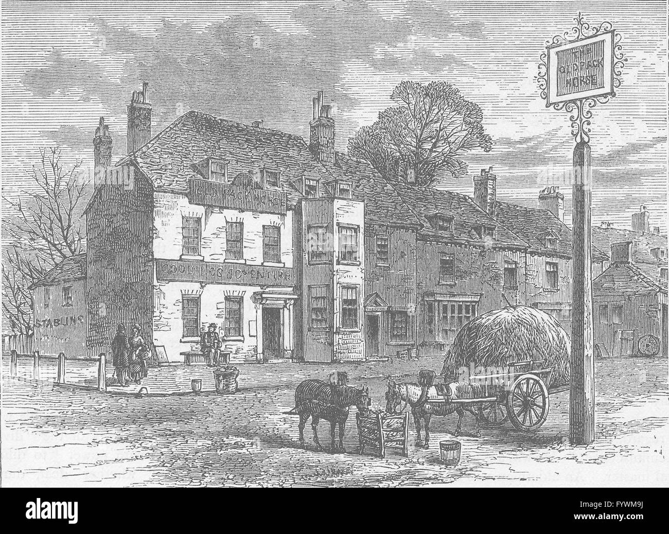 75015 : le vieux cheval 'pack' inn, Turnham Green. Londres, vieux print c1880 Banque D'Images