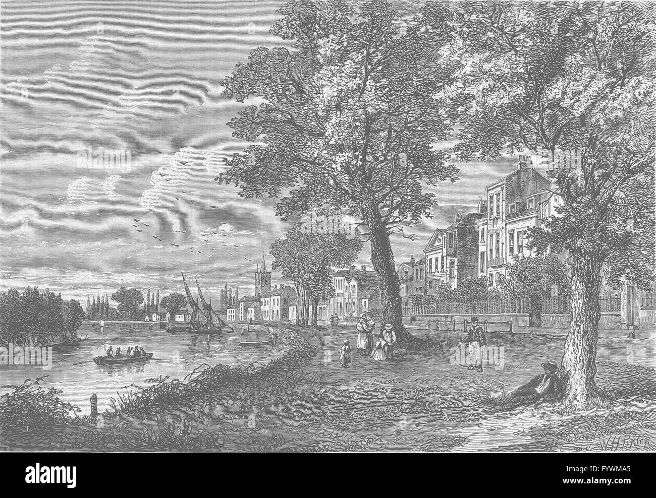 CHISWICK : Chiswick Mall, en 1820. Londres, antique print c1880 Banque D'Images