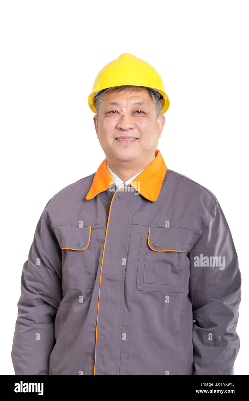 Portrait isolé avec un casque jaune ingénieur Banque D'Images