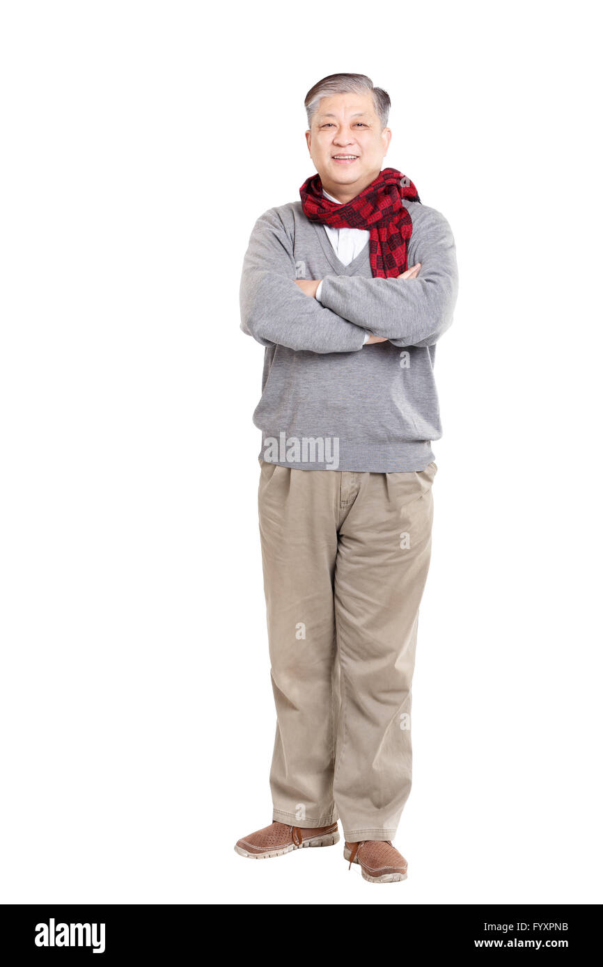 Ancien article Asian man in grey jumper et foulard Banque D'Images