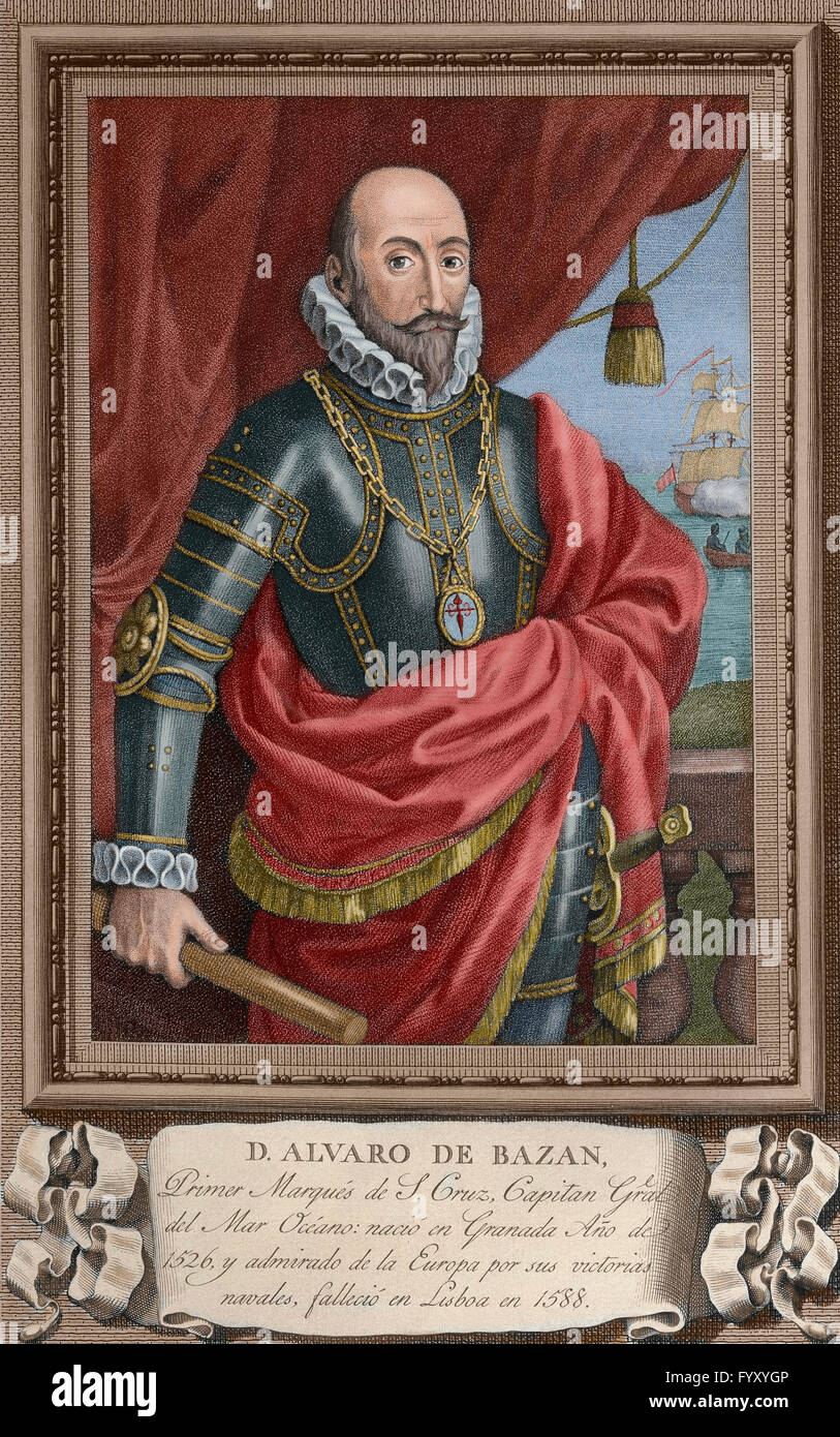 Alvaro de Bazan, 1er marquis de Santa Cruz de Mudela (1526-1588). L'amiral espagnol. Portrait. La gravure. De couleur. Banque D'Images