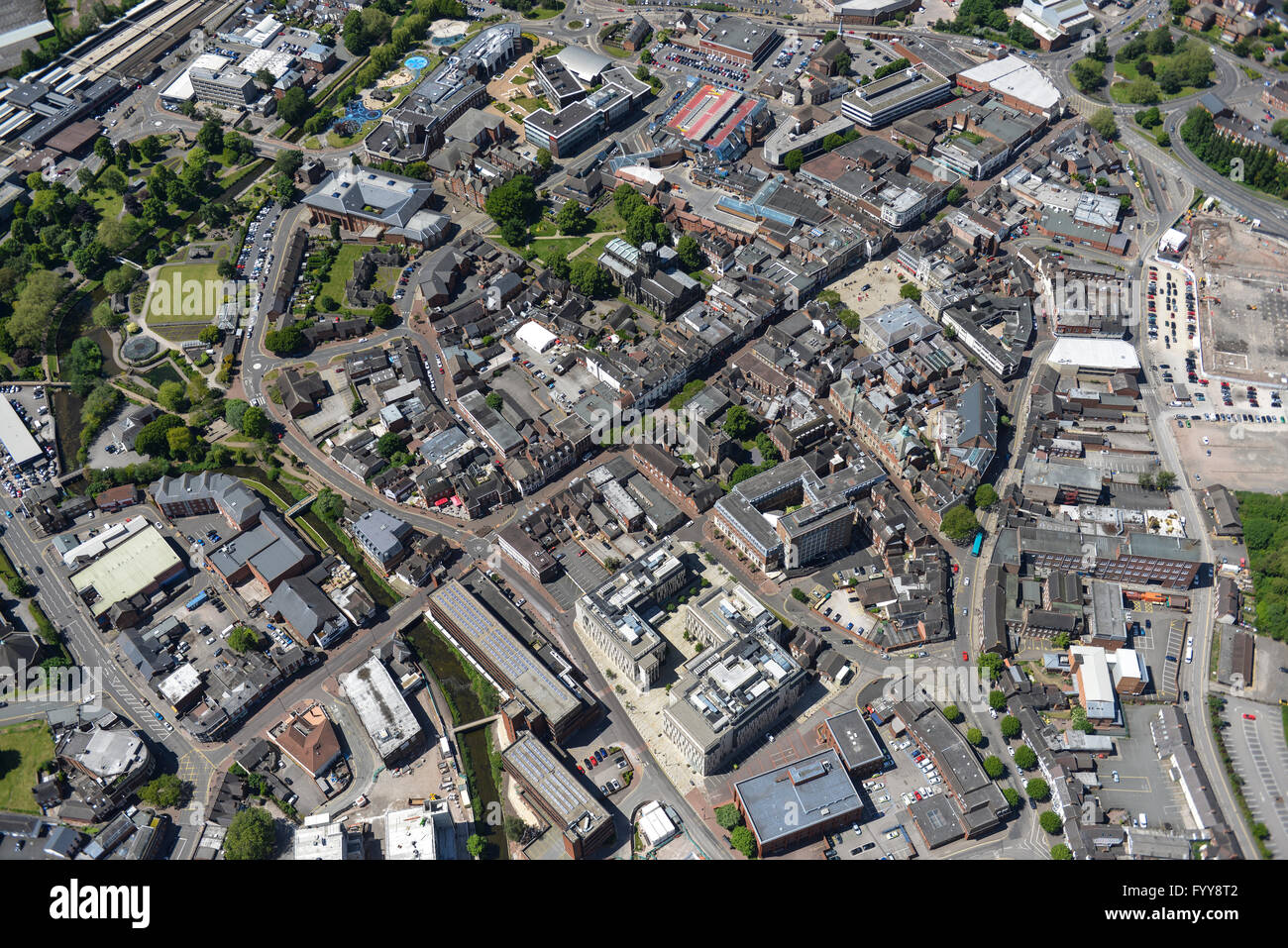 Une vue aérienne du centre-ville de Stafford Banque D'Images