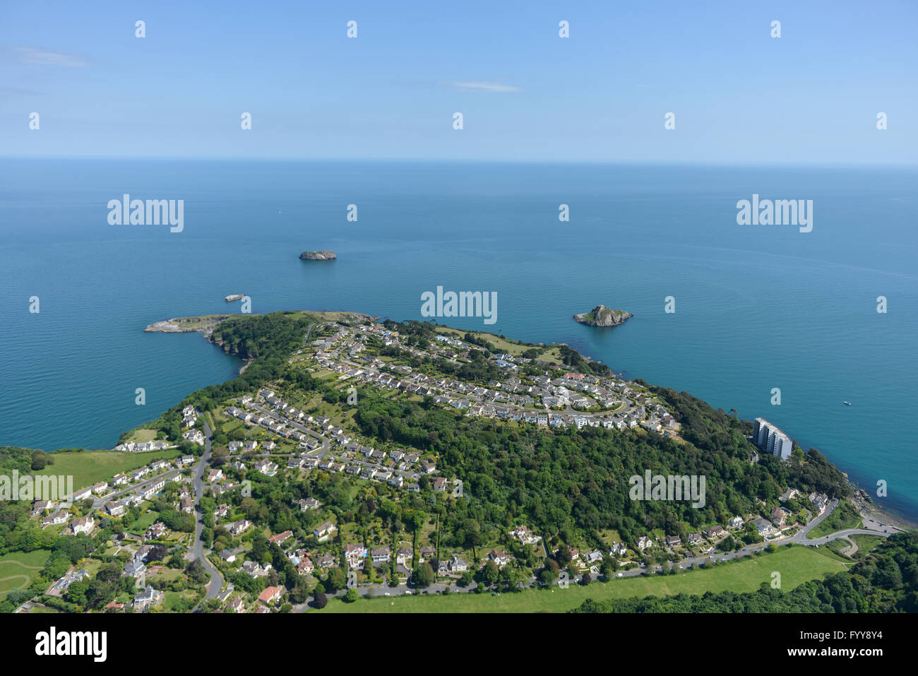 Une vue aérienne surplombant la mer depuis l'Kilmorie de Torquay Banque D'Images