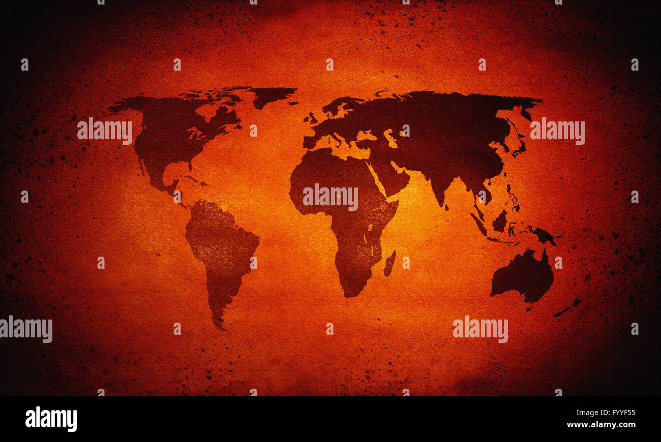 Carte du monde incandescent chaud, le réchauffement climatique Banque D'Images