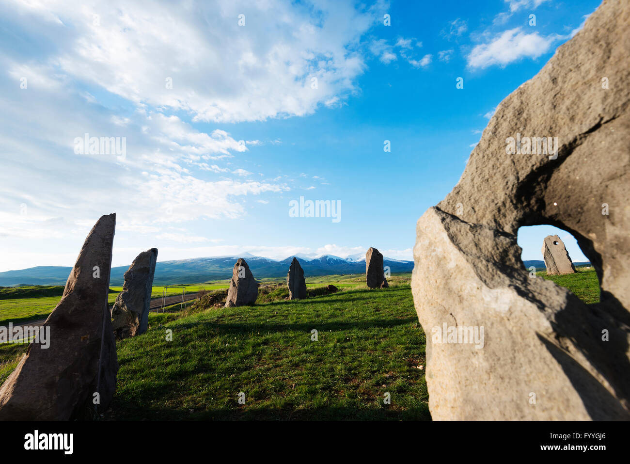 L'Eurasie, région du Caucase, l'Arménie, la province de Syunik, Zorats Karer, Karahunj 'stonehenge archéologiques préhistoriques site' Banque D'Images