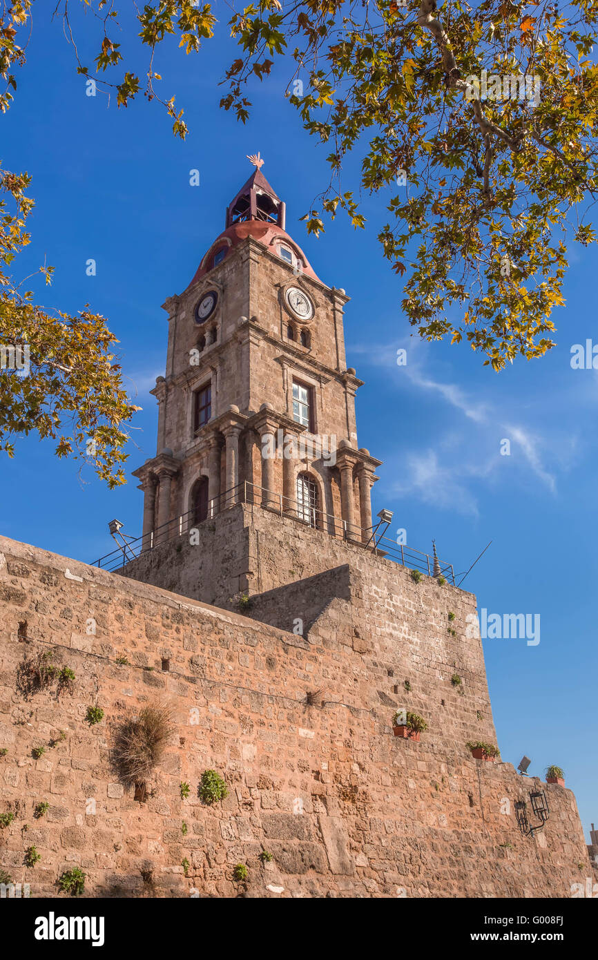 Tour de l'horloge Roloi, vieille ville de l'île de Rhodes, Grèce Banque D'Images