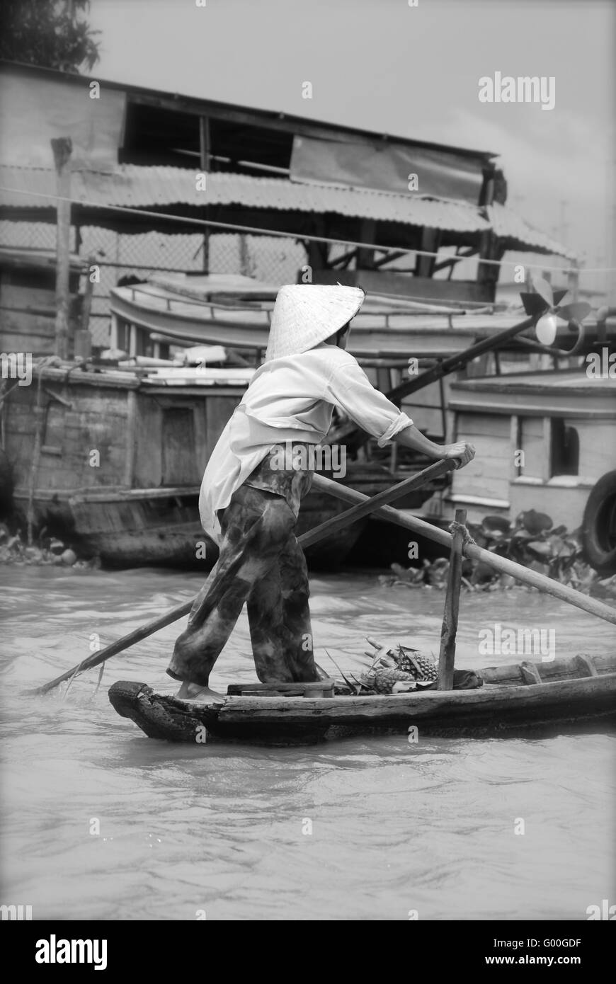 Vietnamese woman rowing d'un bateau dans le fleuve du Mékong Banque D'Images