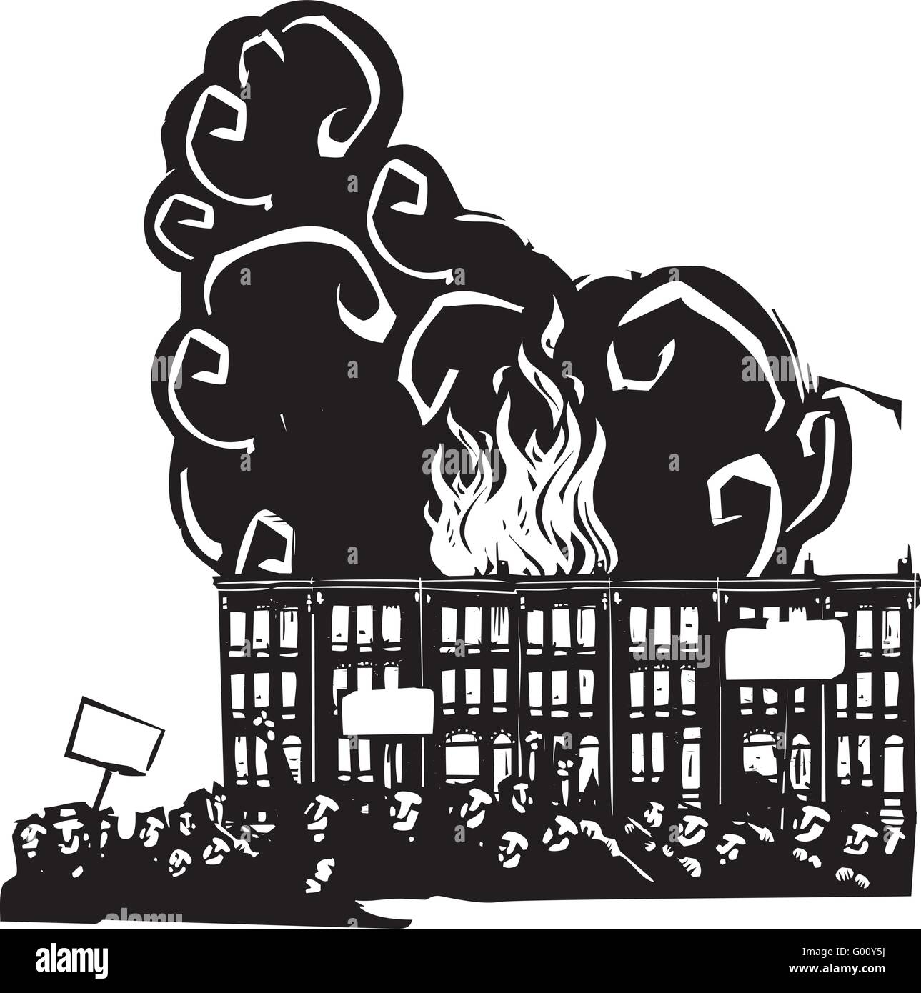 Image style gravure sur bois d'une émeute ou d'une protestation en face de brûler des maisons en rangée à Baltimore Illustration de Vecteur