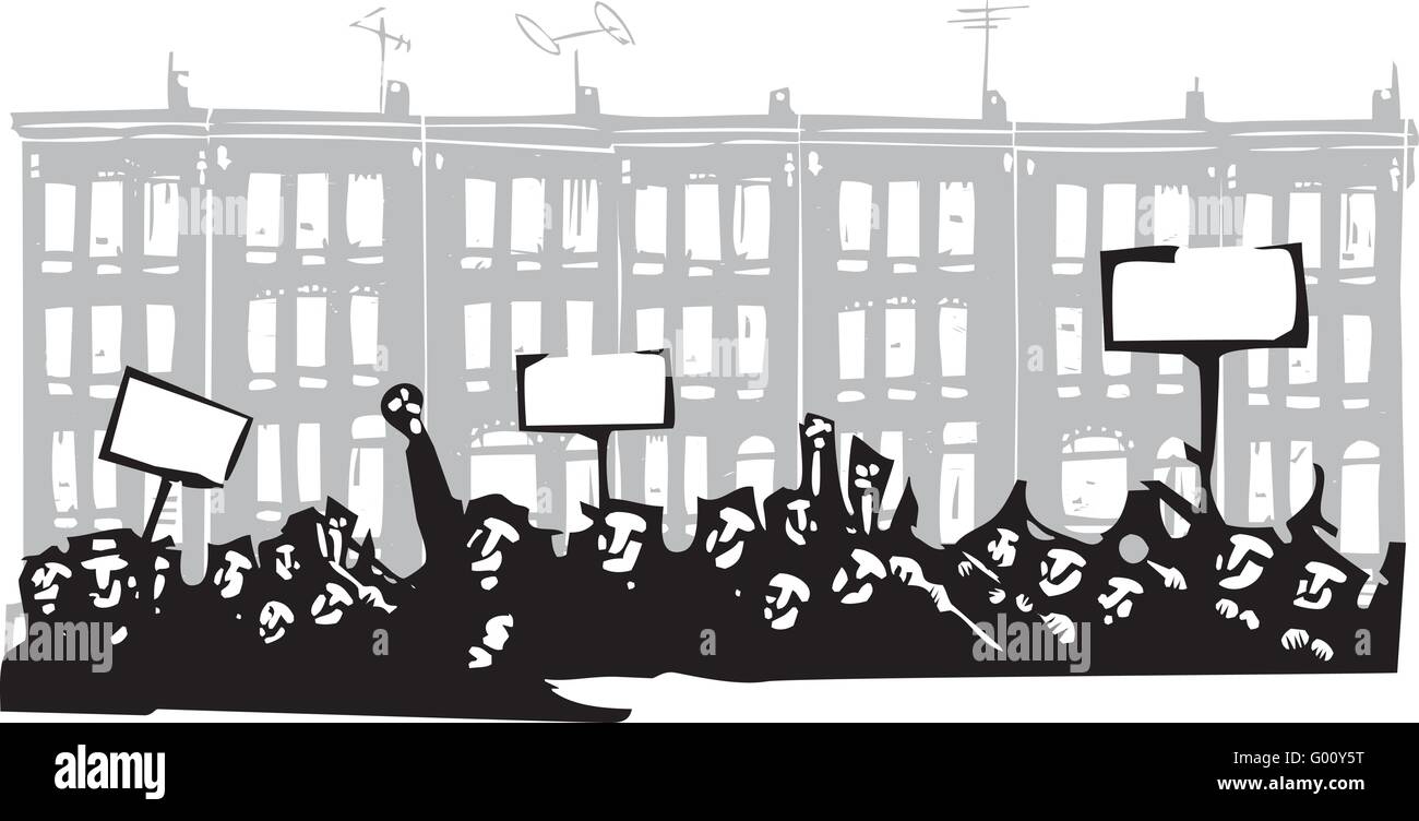 Image style gravure sur bois d'une émeute ou protestation devant des maisons en rangée à Baltimore Illustration de Vecteur