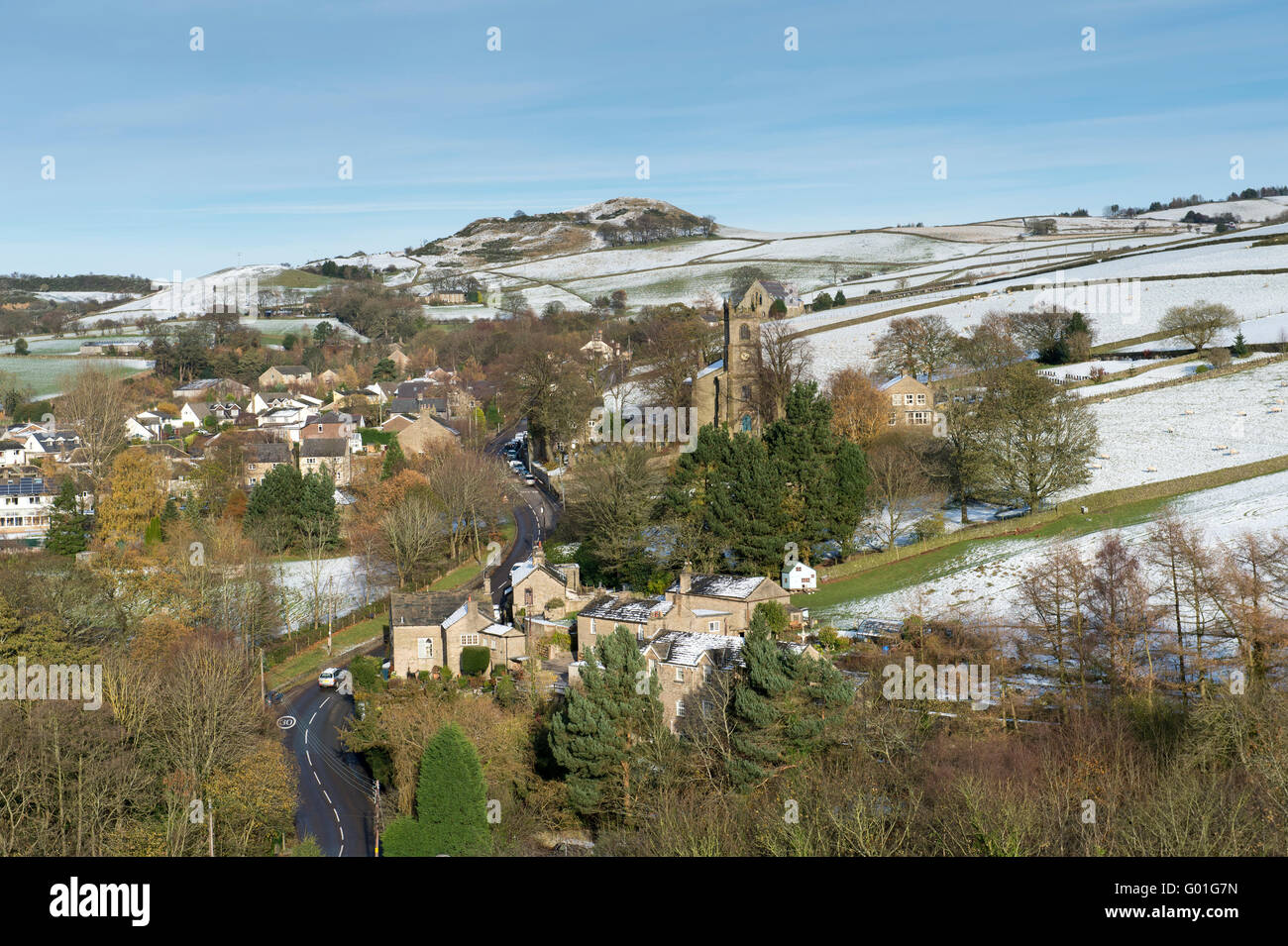 Village Rainow en hiver près de Macclesfield, parc national de Peak District, Cheshire, Angleterre Banque D'Images