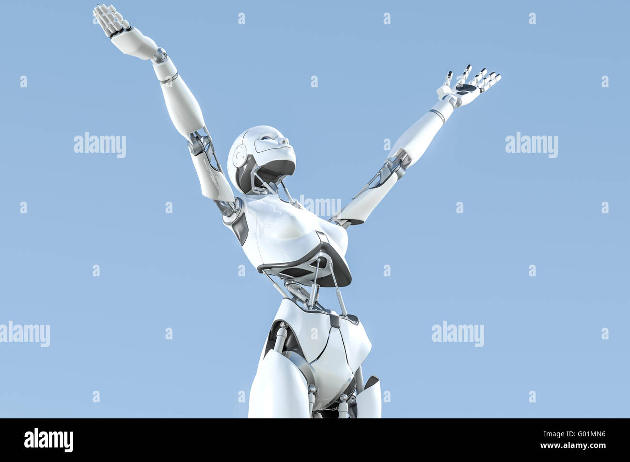 Robot humanoïde femelle avec des bras soulevé vers le ciel en exaltation Banque D'Images
