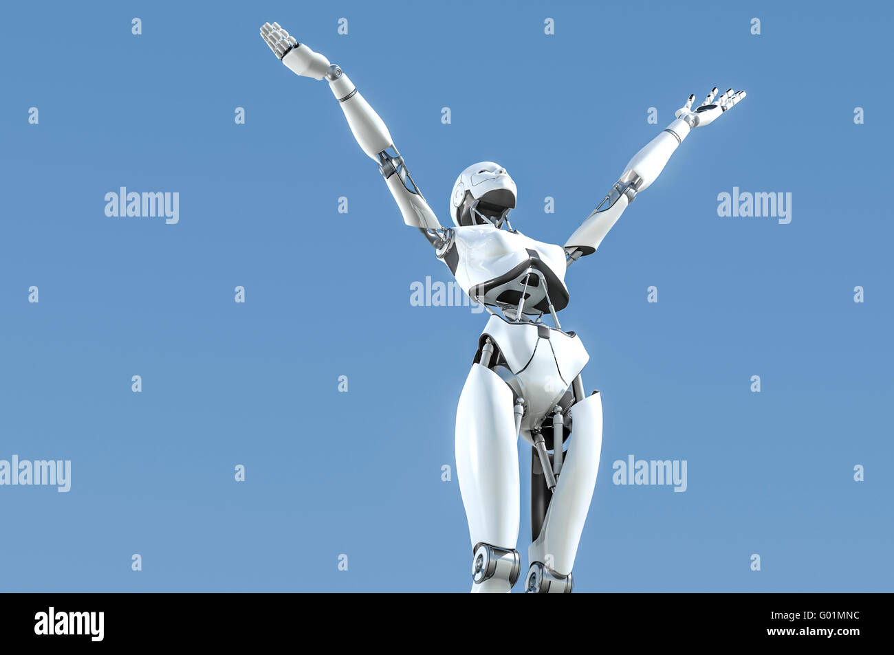 Robot humanoïde femelle avec des bras soulevé vers le ciel en exaltation Banque D'Images