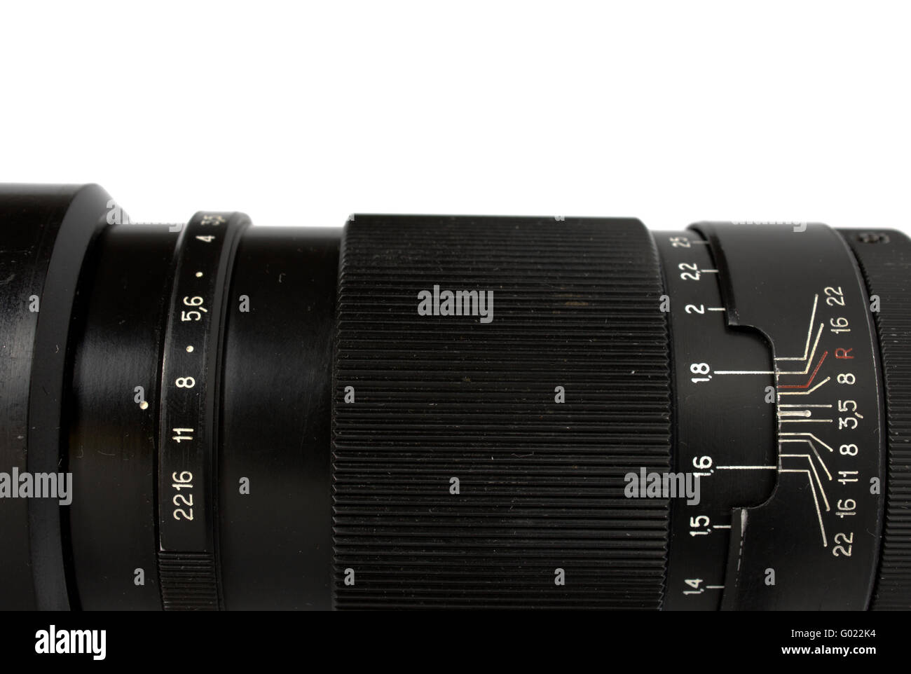 Partie de l'objectif de caméra film manuel classique sur blanc. Banque D'Images